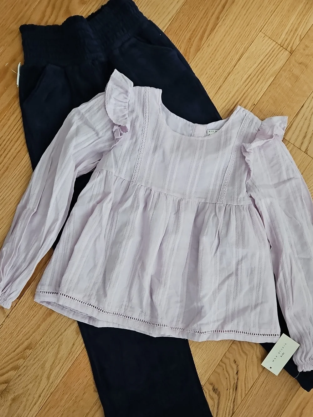 Max Studio Light Lavender Ruffled Long-Sleeve Top for Kids With Soft Navy Pants